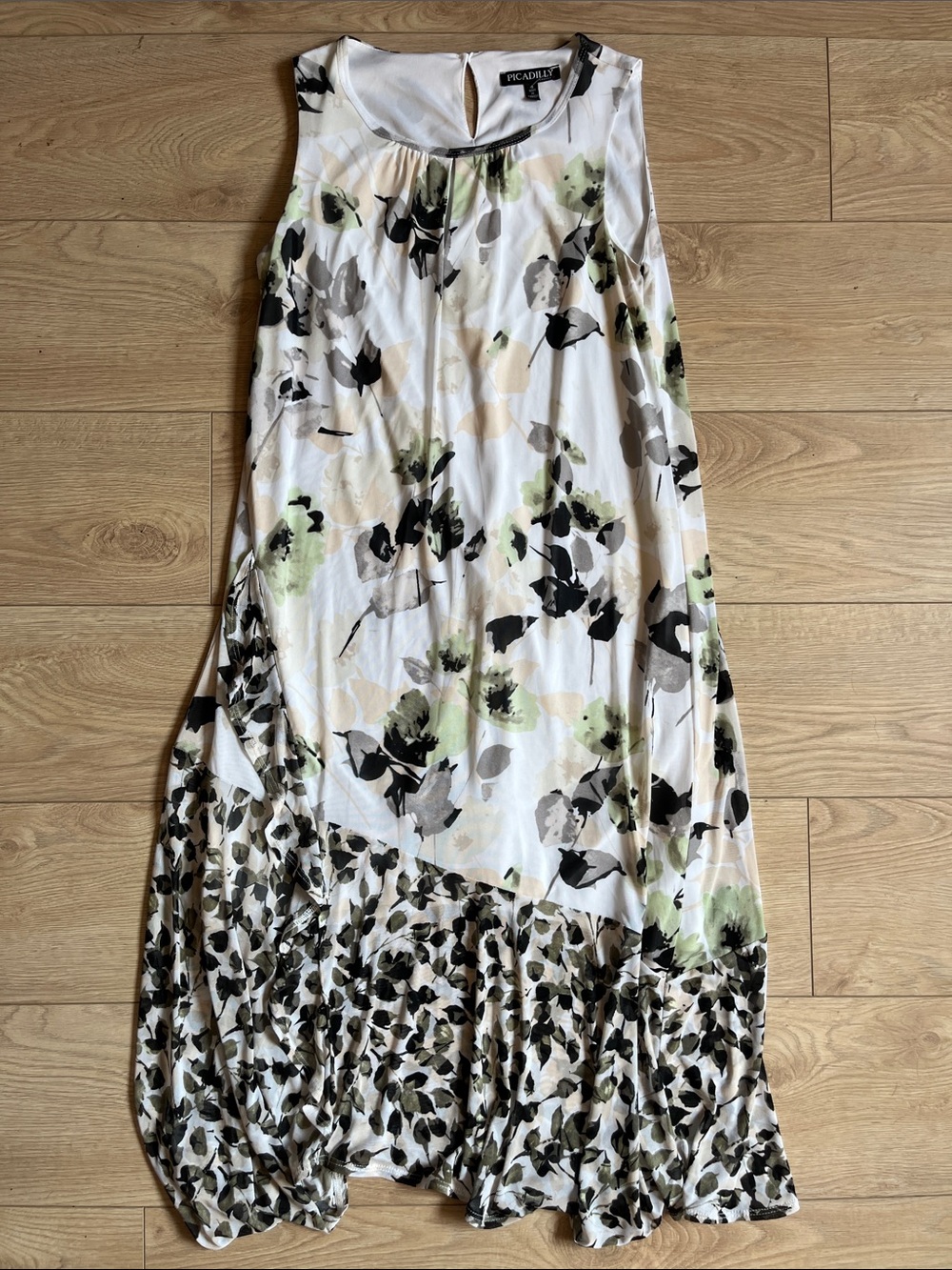 Picadilly Fashion White Floral Maxi Skirt with Black and Green Accents